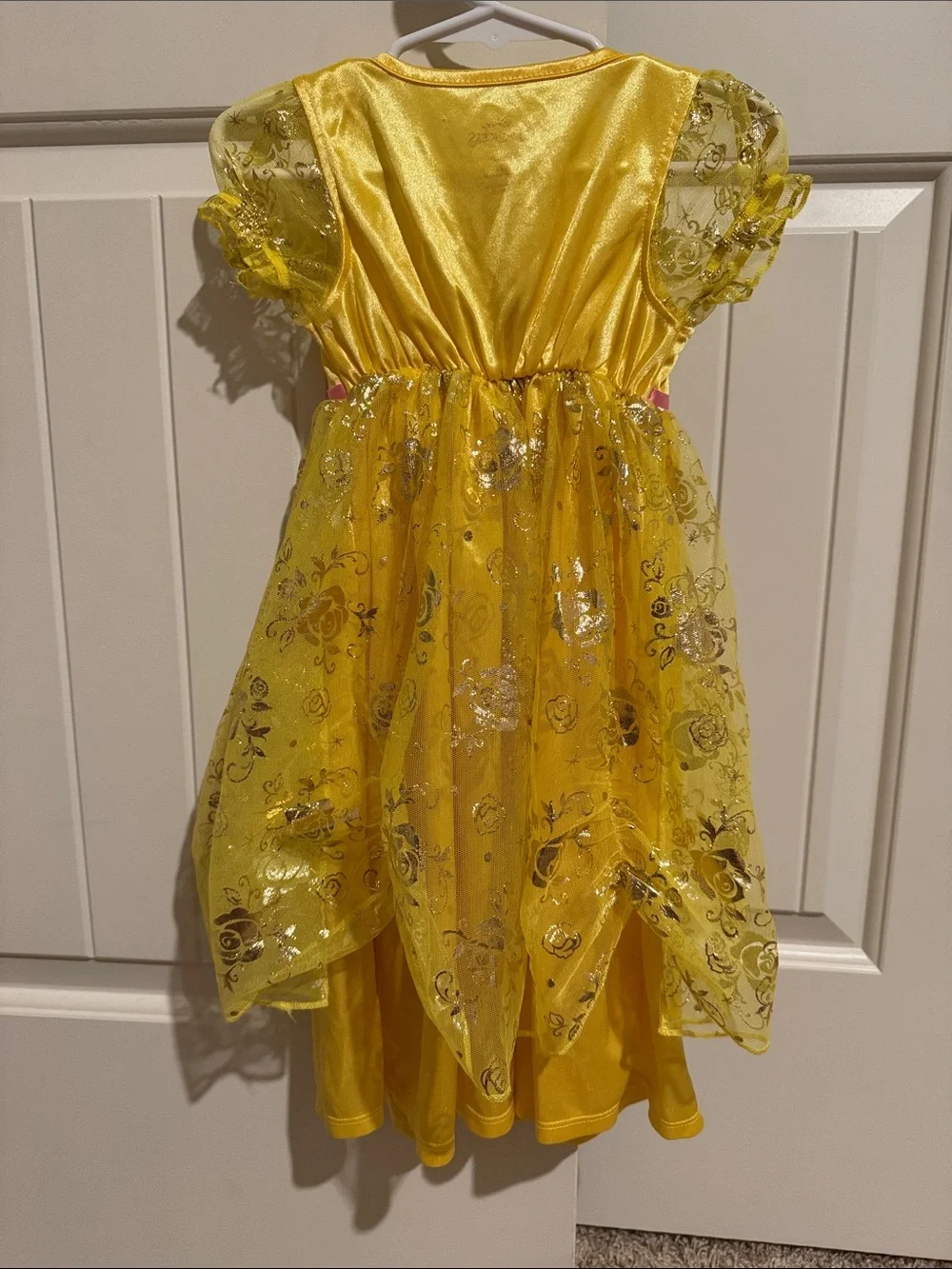 Disney Yellow Belle Glitter Princess Dress with Pink Ribbon